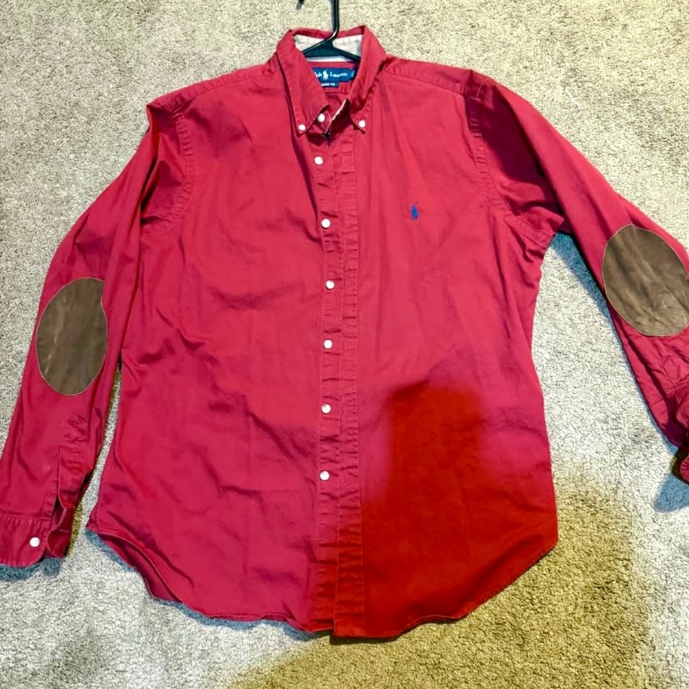 Ralph Lauren Red Button-Down Shirt with Brown Elbow Patches